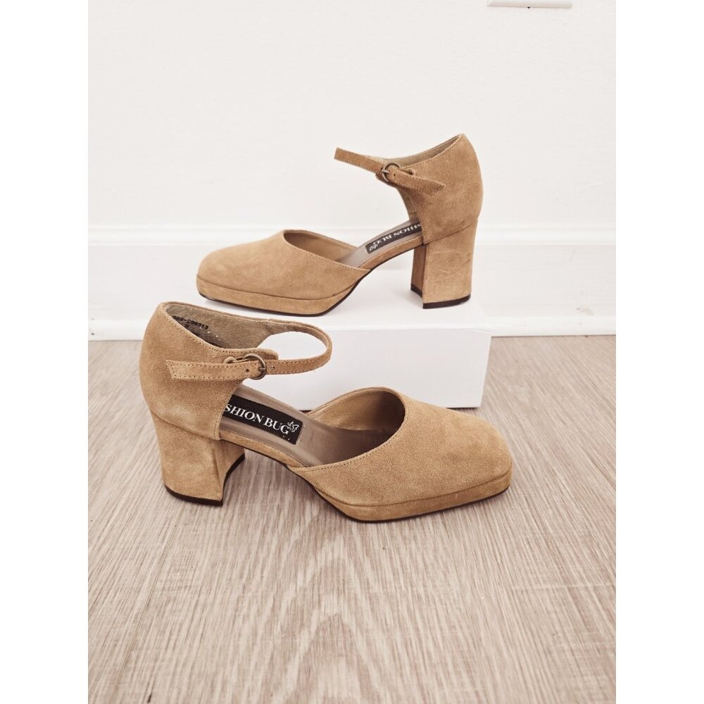 Fashion Bug Y2K 90s Platform Chunky Heels 9 Tan Suede Leather Shoes Vintage